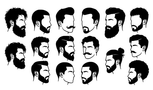 Men's barber beard and hairstyle profile silhouette flat vector set