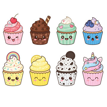 Kawaii cupcake vector illustrations with cheerful faces and colorful toppings on a white background