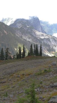 Mountain landscape in Mt. Baker-Snoqualmie National Forest, Washington. Stunning landscape view in the Artist Point area. Vertical design in 9:16 ratio. Smartphone and social media ready.