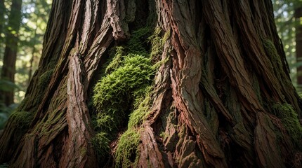 Fototapeta premium Close up view of giant old tree trunk covered in green moss. Thick textured bark grows in deep forest. Vegetation, soft sunlight hit wood surface. Natural woodland ecosystem shows organic texture,