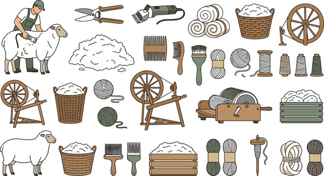 Sheep Shearing and Wool Processing Vector Icon Set featuring Shearer Action, Electric Clippers, Raw Fleece, Drum Carder, Spinning Wheel, Hand Cards, Yarn Skeins, and Spindle for Fiber Art Designs