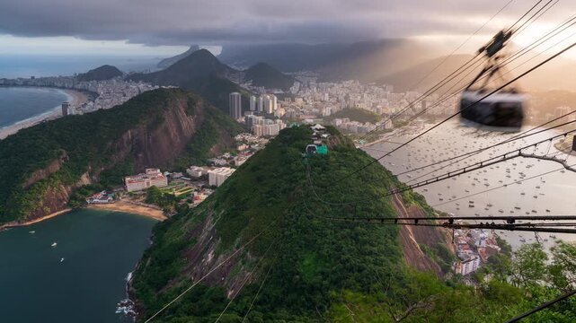 Time lapse clip of cable cars arriving ad departing the middle station (Morro da Urca) at Sugar Loaf Mountain in Rio de Janeiro, Brazil