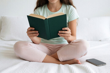 Fototapeta premium Teenage girl sits on white bed reading green book at home. Young female student enjoys literature in cozy room. Smartphone lies nearby on mattress. Concept of digital detox, analog childhood, focus