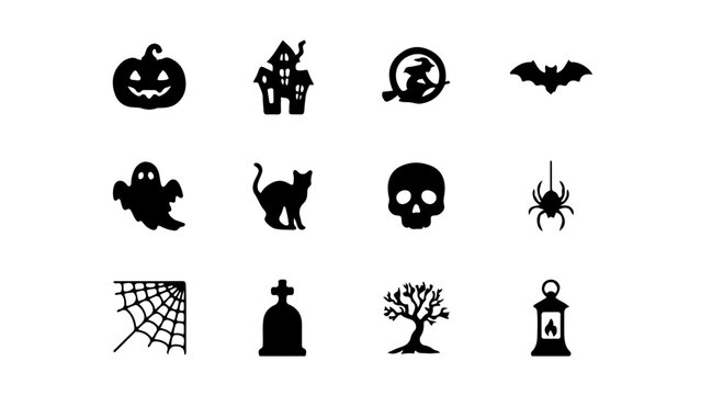 Black silhouettes of spooky icons arranged in grid pattern