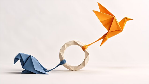 Bipolar mood swings concept with flying and grounded origami birds