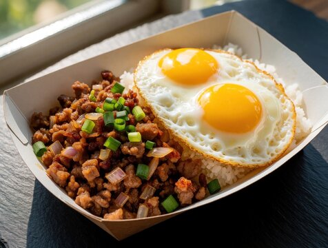 Traditional Filipino sisig silog breakfast served in paper box. Sizzling chopped pork meat with onions, green onions sits beside white rice, two sunny side up fried eggs. Tasty Asian meal for lunch