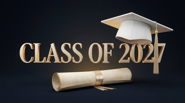 Class of 2027 graduation cap and diploma on dark background