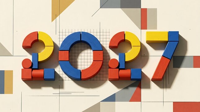 2027 Bauhaus Geometric Number Blocks with Abstract Primary Colors