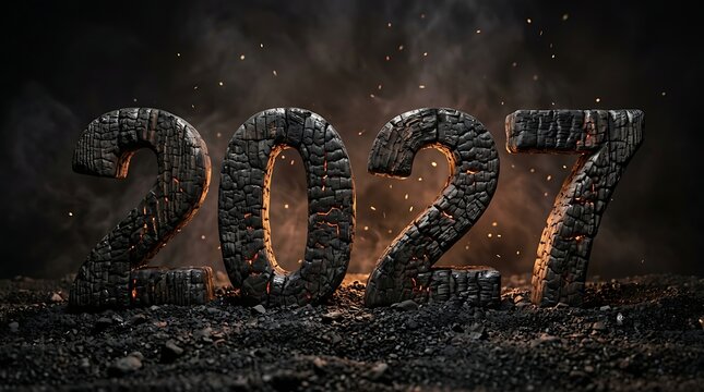 2027 year charred wood typography with glowing fire embers and smoke sparks on dark background