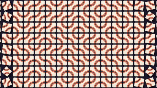 Retro geometric pattern with curved lines and rounded squares in cream and orange