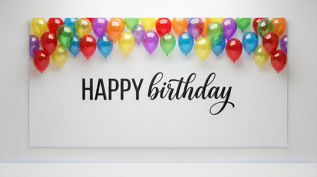 Colorful balloons border with happy birthday text written in elegant script on a light background