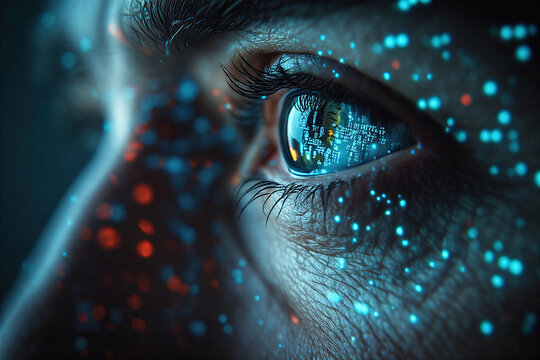 Close up of businessman eye reflecting high tech computer screen with financial charts and digital data