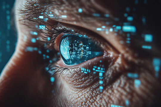 Close up of businessman eye reflecting high tech computer screen with financial charts and digital data