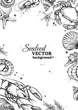 Vertical black and white seafood background with copy space, contour lobster, crab and seashells. Monochrome marine life line art banner template isolated vector illustration.
