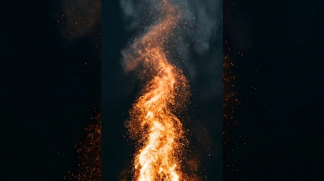 Dramatic close up of a bonfire burning brightly against a dark night sky