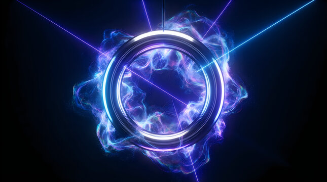 Glowing blue circular light portal with energy particles and abstract digital smoke on black