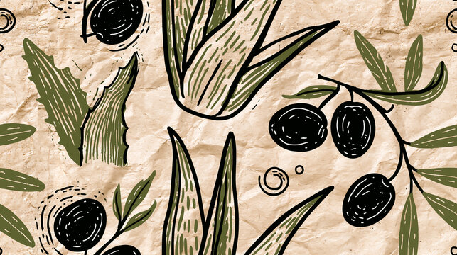 Seamless pattern of aloe and olive branches on a crumpled paper texture.