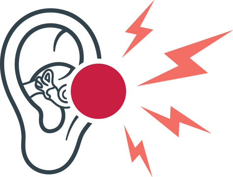 Ear pain and ache medical vector icon showing lightning strikes and inflammation spot representing tinnitus hearing loss otitis media infection disease and sensory problem symptoms isolated on white.