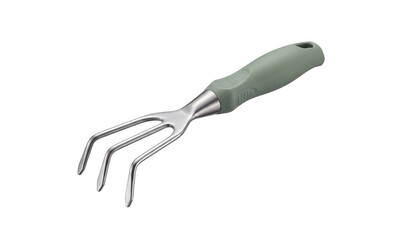 Fototapeta premium Handheld garden cultivator with three metal tines isolated on transparent background