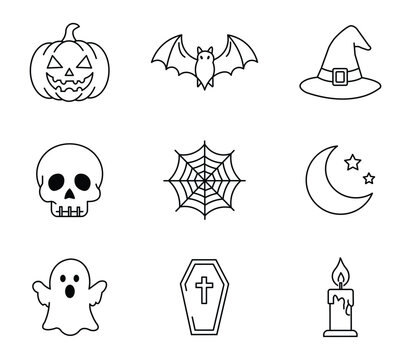 A spooky collection of classic Halloween symbols. classic symbols like ghosts, pumpkins, and bat, hat, spider web, candle.