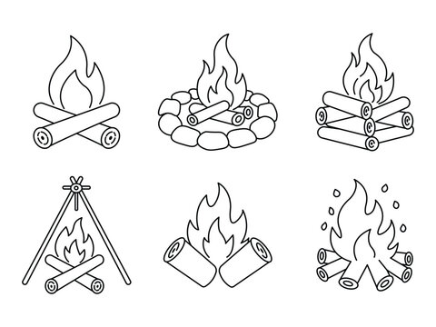 Campfire icon line art vector illustration. Campfire and bonfire icon set. various woodpile arrangements and flame intensity for outdoor activities.
