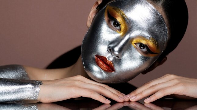 Woman wears silver metallic face mask paint makeup. Artistic beauty portrait with bold gold eye shadow and red lips. Model poses elegantly on reflective surface.