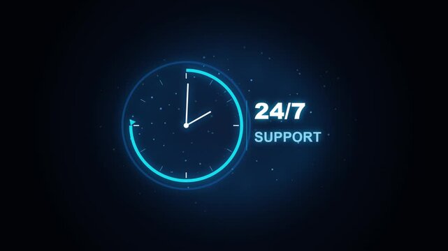 Neon clock graphic shows 24/7 support availability during nighttime with digital progress bar animation