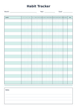 Monthly habit tracker printable with 31 day grid, totals column and notes isolated on transparent background