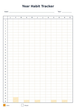 Yearly habit tracker printable with 12 month by 31 day grid for one habit isolated on transparent background