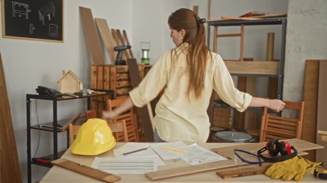Woman carpenter dancing with arms outstretched and bare hands above workbench strewn with blueprints and yellow hardhat in studio; playful break.