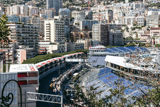 Monaco, Monaco - April 04, 2026: Elevated view of temporary grandstands and circuit infrastructure at Port Hercule ahead of the Formula 1 Monaco Grand Prix.