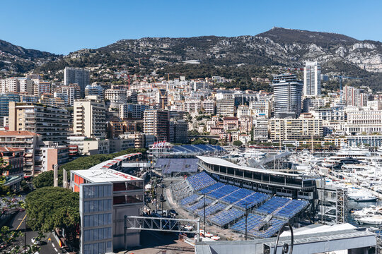 Monaco, Monaco - April 04, 2026: Elevated view of temporary grandstands and circuit infrastructure at Port Hercule ahead of the Formula 1 Monaco Grand Prix.