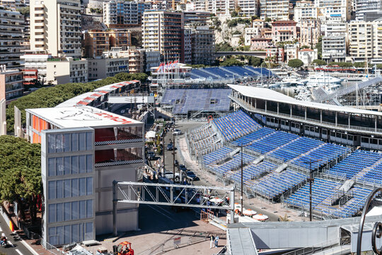 Monaco, Monaco - April 04, 2026: Elevated view of temporary grandstands and circuit infrastructure at Port Hercule ahead of the Formula 1 Monaco Grand Prix.