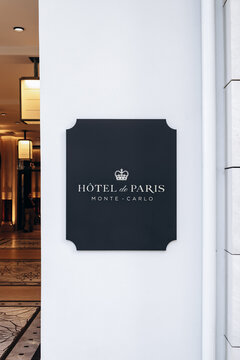 Monaco, Monaco - April 04, 2026: Hotel de Paris Monte-Carlo signage at the entrance of the landmark hotel on Casino Square.