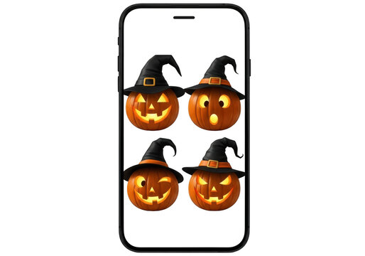 Four cartoon jack-o-lanterns wearing witch hats on a phone screen isolated on transparent background