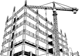 Architectural line art drawing of a multi-story building under construction with a tower crane © Mari