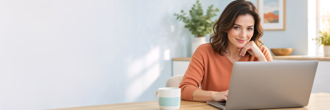 Smiling young woman working on a laptop at home. Female freelancer or student sitting at a desk in a modern home office. Copy space for text