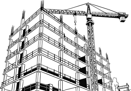 Architectural line art drawing of a multi-story building under construction with a tower crane