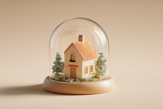 Miniature model of cozy country house with trees inside glass dome on wooden base, real estate insurance and safe home concept macro photography.