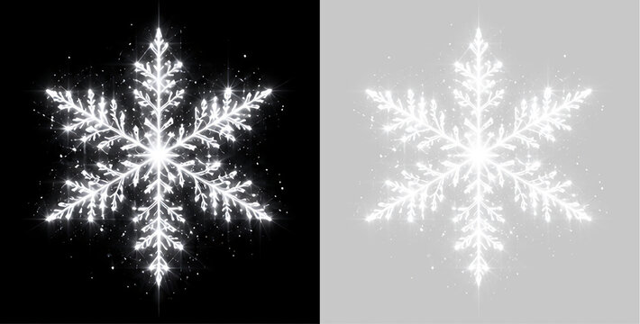 Glowing white snowflake with sparkling light effects. Isolated ice crystal on black and transparent checkerboard background. Winter and Christmas holiday design element