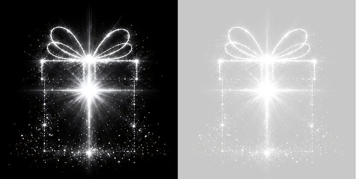 Glowing sparkling gift box outline made of light. Luminous present with bow and starburst on black and transparent background. Christmas and birthday celebration graphic element