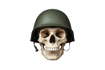 Obraz premium Human skull in green combat helmet isolated on transparent background