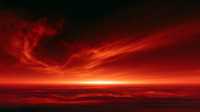 Fiery sunset or sunrise landscape with dramatic red sky isolated on transparent background