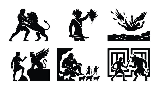 Ancient Greek Mythology Icons: Hercules, Minotaur, Icarus, Sphinx, Cyclops, Gorgon Vector Set