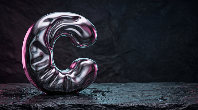 3D Silver Metallic Foil Balloon Letter C on Dark Stone Background