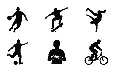 Fototapeta premium Diverse Sports and Gaming Silhouettes: Basketball, Soccer, Skateboarding, Breakdancing, BMX, Gamer Icons