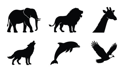 Obraz premium African Wildlife Silhouette Icons: Elephant, Lion, Giraffe, Wolf, Dolphin, Eagle Vector Set