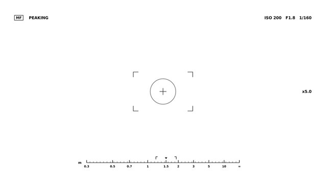 Manual focus camera screen with focus distance scale and depth of field marks, black line art isolated on transparent background