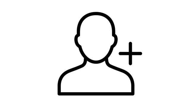 Minimalist user profile icon with plus sign, black line art person avatar, add friend symbol for interface design and social media apps