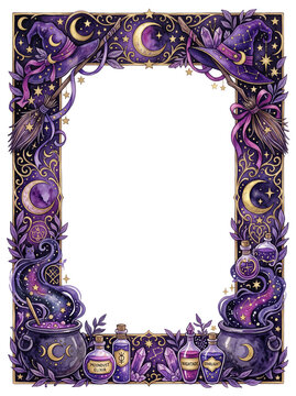 Intricate Watercolor Witches Cauldron Potion Bottle Frame Transparent Background